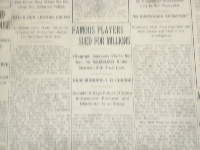 1922 NOVEMBER 29 NEW YORK TIMES - FAMOUS PLAYERS SUED FOR MILLIONS - NT 8432