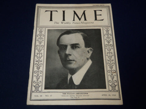 1924 APRIL 28 TIME MAGAZINE - THE ITALIAN AMBASSADOR COVER - T 55