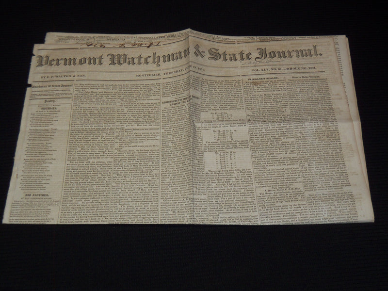 1851 JUNE 19 VERMONT WATCHMAN NEWSPAPER - MILLARD FILLMORE - NP 2152J