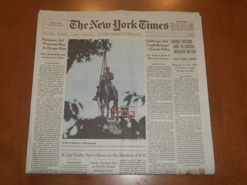 2021 SEPTEMBER 9 NEW YORK TIMES - ENERGY OUTLINE AIMS TO HASTEN RELIANCE ON SUN