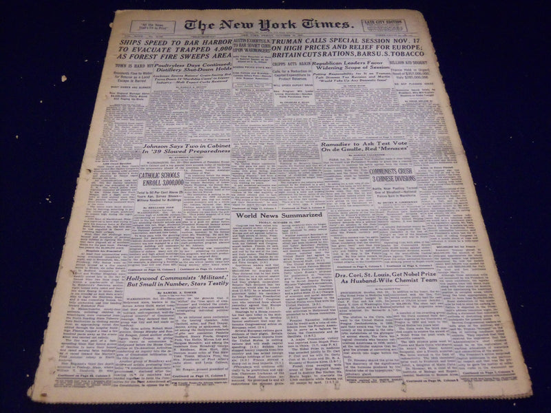 1947 OCTOBER 24 NEW YORK TIMES - BAR HARBOR FOREST FIRES - NT 3267