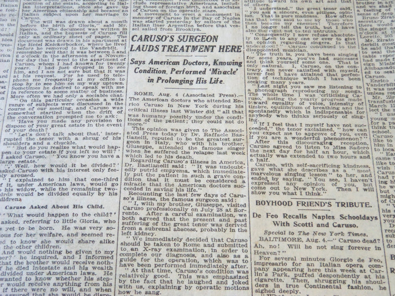1921 AUG 5 NEW YORK TIMES - CARUSO'S WIDOW WANTS ESTATE GO TO GLORIA - NT 6484