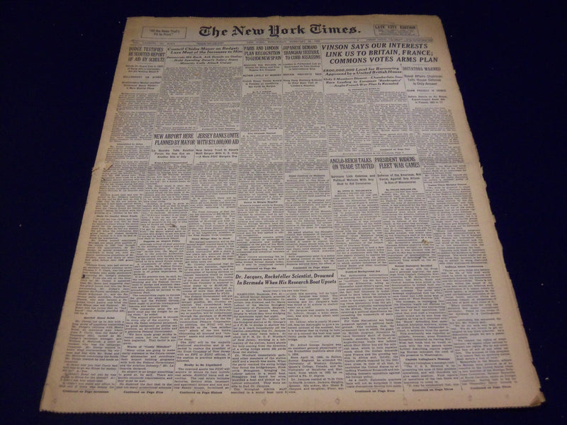 1939 FEB 22 NEW YORK TIMES VINSON SAYS OUR INTERESTS LINK US TO BRITAIN - NT 583