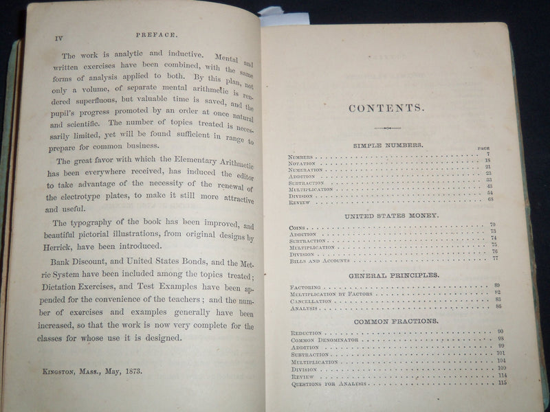 1873 GREENLEAF'S NEW ELEMENTARY ARITHMETIC VOLUME BENJAMIN GREENLEAF - KD 4814Y