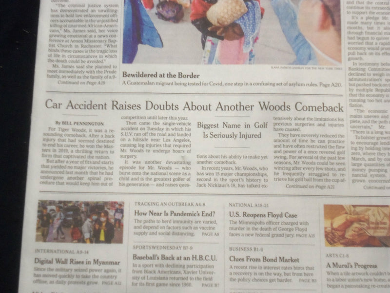 2021 FEBRUARY 24 NEW YORK TIMES - TIGER WOODS IN SERIOUS CAR CRASH