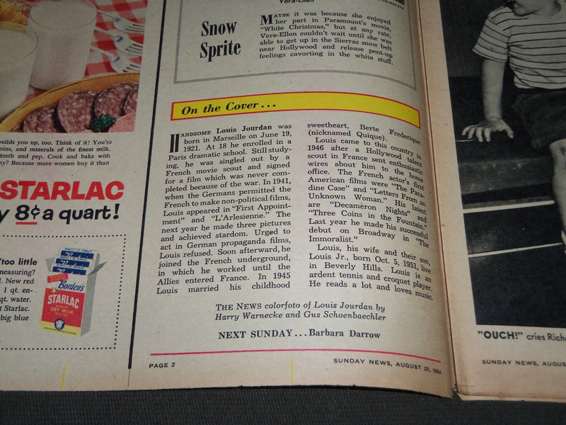 1954 AUG 22 SUNDAY NEWS COLOROTO MAGAZINE SECTION - LOUIS JOURDAN COVER - J 2866