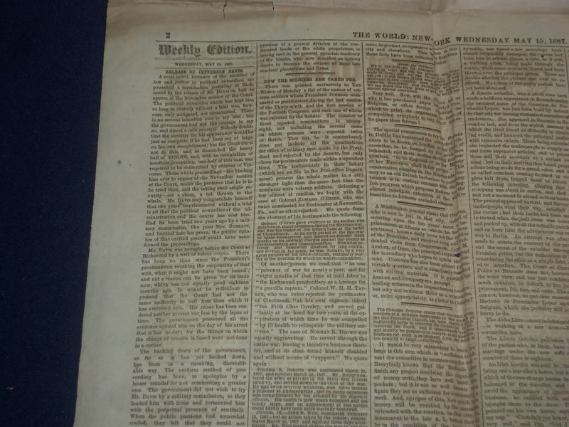 1867 MAY 15 THE WORLD NEWSPAPER - JEFFERSON DAVIS - NP 5078