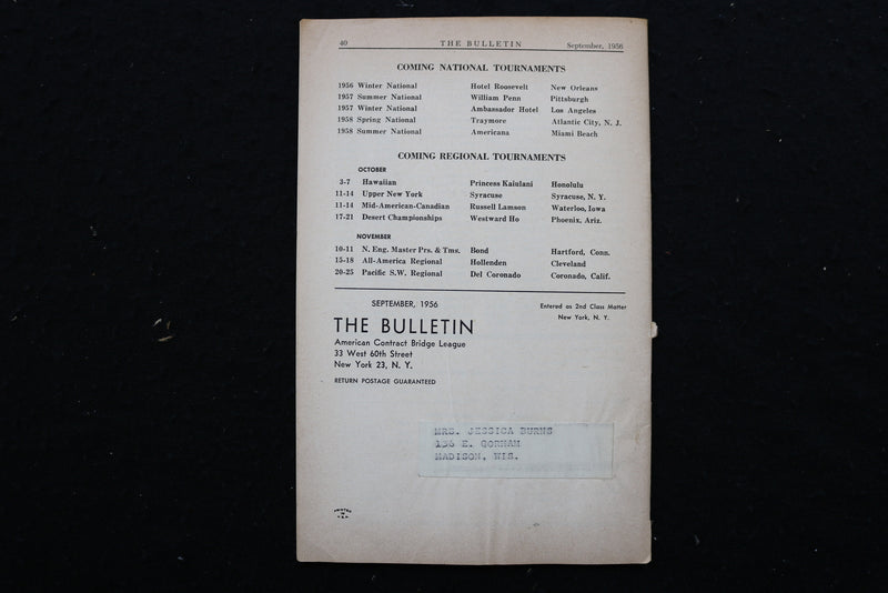 1956 SEP THE BULLETIN - BRIDGE LEAGUE MAGAZINE -CHARLES GOREN -LOT OF 2 - K 2376
