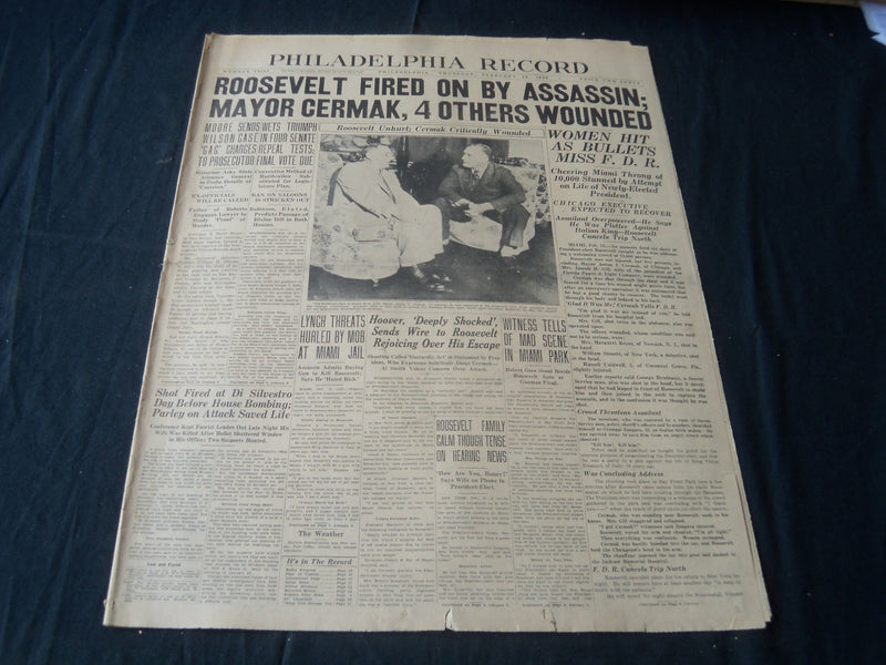 1933 FEB 16 PHILADELPHIA RECORD NEWSPAPER-ROOSEVELT FIRED ON BY ZANGARA- NT 7261