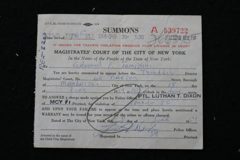 1954 JUNE 7 MAGISTRATES' COURT OF THE CITY OF NEW YORK SUMMONS- K 2219