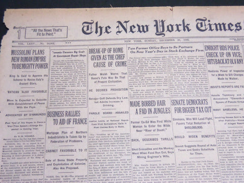 1925 DEC 20 NEW YORK TIMES - MUSSOLINI PLANS ROMAN EMPIRE TO BE POWER - NT 5401