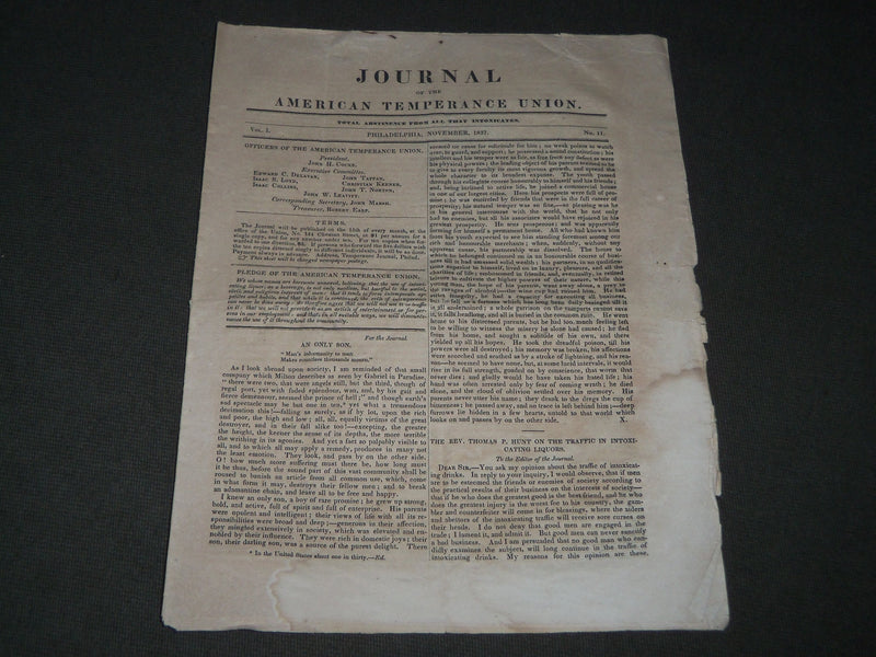 1837 NOVEMBER JOURNAL OF THE AMERICAN TEMPERANCE UNION VOLUME 1 NO. 11 - J 2795