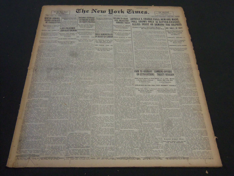 1920 FEBRUARY 13 NEW YORK TIMES - ARTICLE X OF PEACE TREATY FAILS - NT 5875