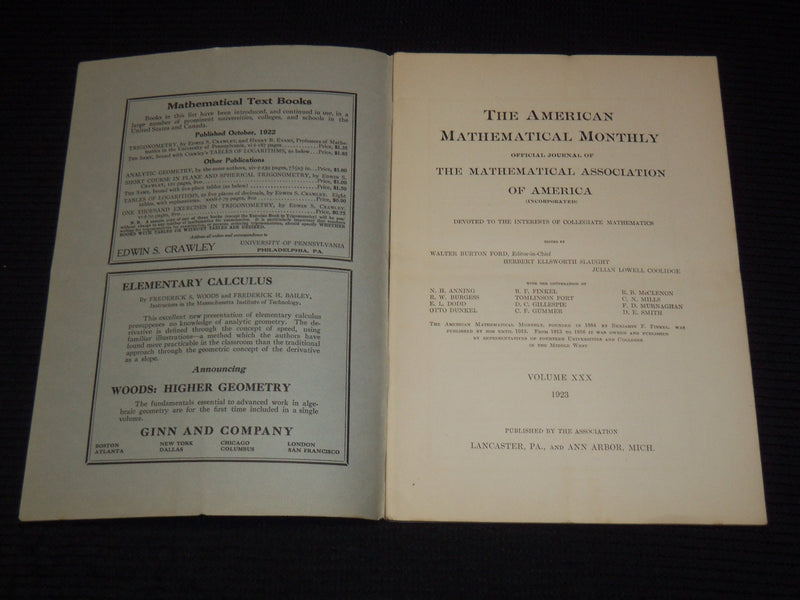 1923 THE AMERICAN MATHEMATICAL MONTHLY MAGAZINE LOT OF 8- COMPLETE YR - WR 277G