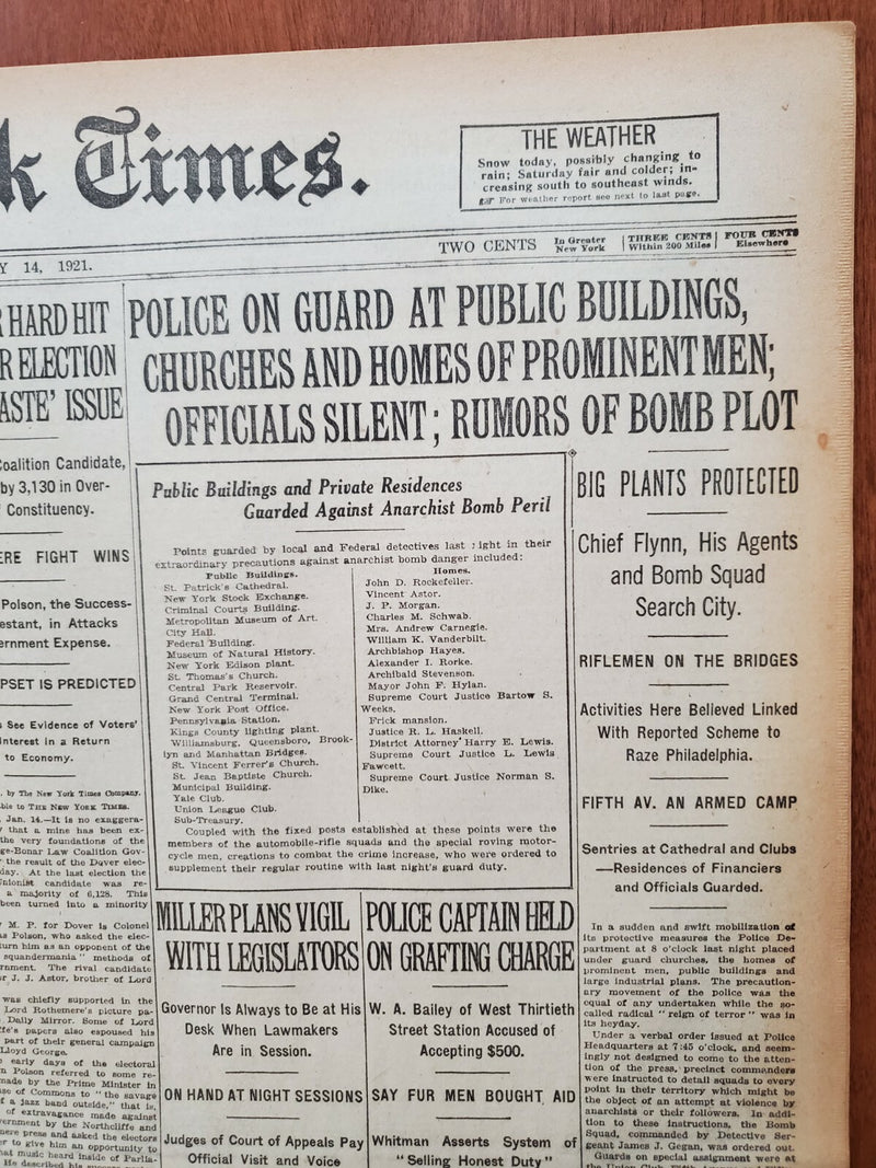 1921 JANUARY 14 NEW YORK TIMES- POLICE GUARD PUBLIC BUILDINGS BOMB PLOT -NT 8093