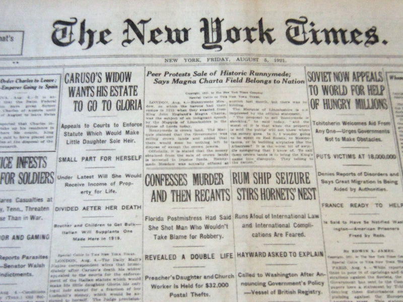 1921 AUG 5 NEW YORK TIMES - CARUSO'S WIDOW WANTS ESTATE GO TO GLORIA - NT 6484