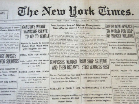 1921 AUG 5 NEW YORK TIMES - CARUSO'S WIDOW WANTS ESTATE GO TO GLORIA - NT 6484