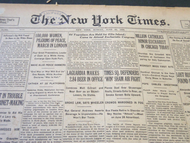 1926 JUNE 20 NEW YORK TIMES - LAGUARDIA MAKES 2.84 BEER IN OFFICE - NT 5603