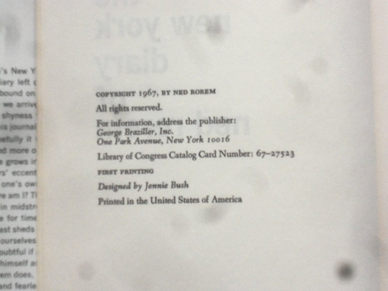 1967 THE NEW YORK DIARY HARDCOVER BOOK BY NED ROREM - 1ST EDITION - KD 9183