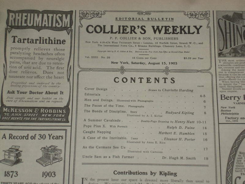 1903 AUGUST 15 COLLIER'S MAGAZINE-BONDS OF DISCIPLINE BY RUDYARD KIPLING-ST 6675