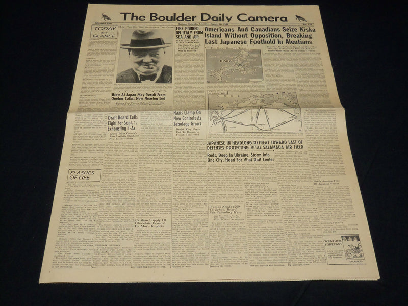 1943 AUGUST 21 THE BOULDER DAILY CAMERA NEWSPAPER - SEIZE KISKA ISLAND - NP 4518