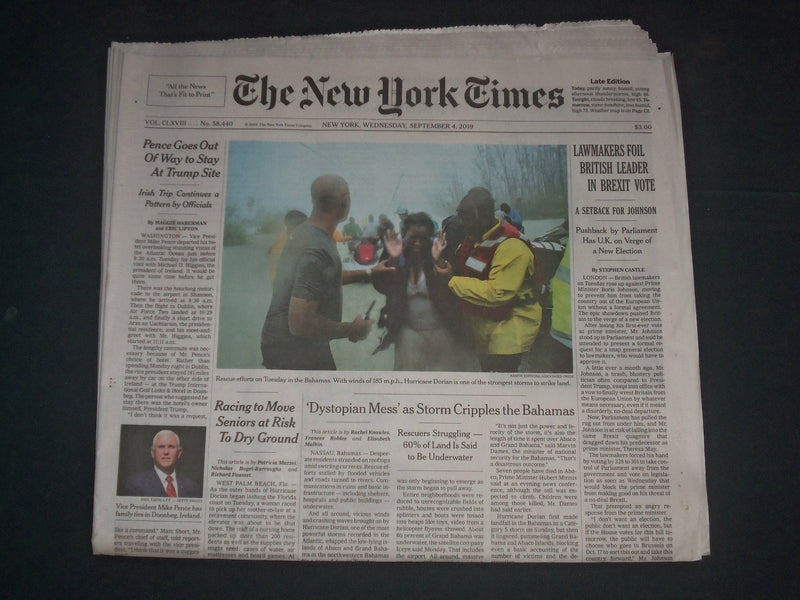 2019 SEPTEMBER 4 NEW YORK TIMES - PENCE GOES OUT OF WAY TO STAY AT TRUMP SITE