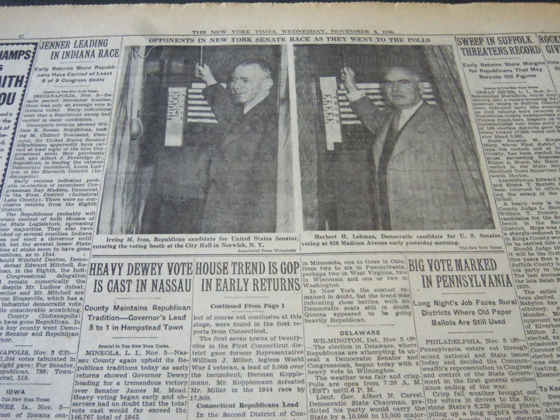 1946 NOVEMBER 6 NEW YORK TIMES - DEWEY IS RE-ELECTED BY WIDE MAJORITY - NT 5914