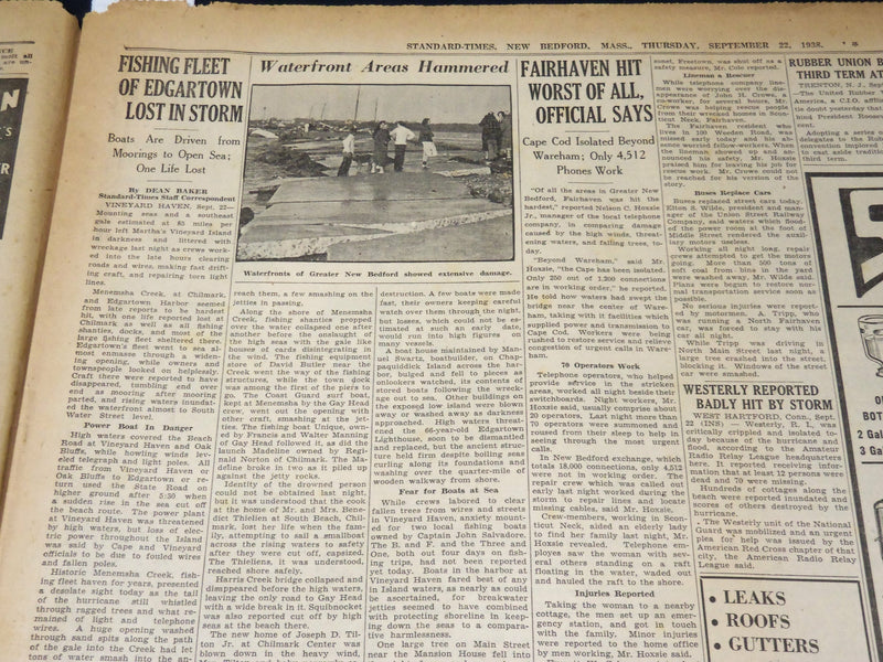 1938 SEPTEMBER 22 NEW BEDFORD STANDARD TIMES - 17 KILLED IN CAPE - NT 8910