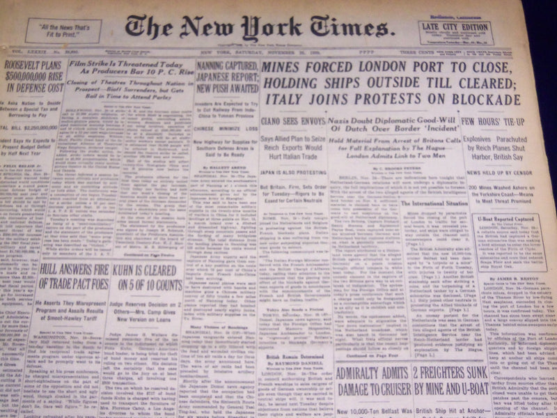 1939 NOVEMBER 25 NEW YORK TIMES - LONDON PORT MINED BY NAZIS - NT 3083