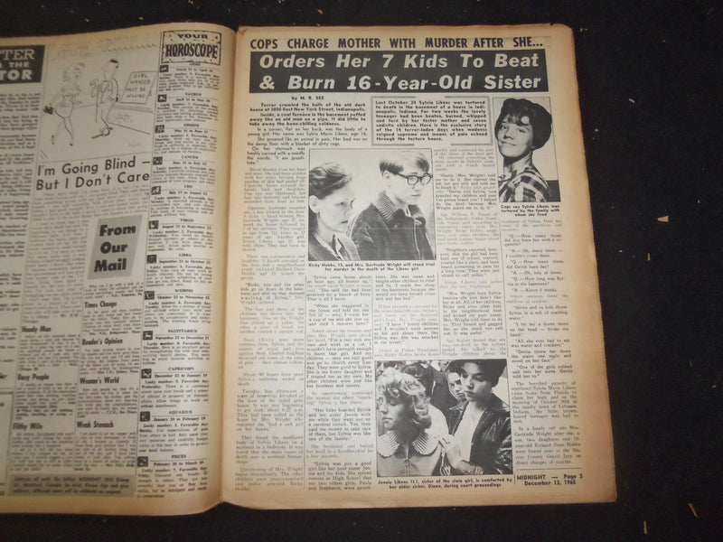 1965 DEC 13 MIDNIGHT NEWSPAPER - MOM FORCES KIDS TO TORTURE, MUTILATE - NP 7357