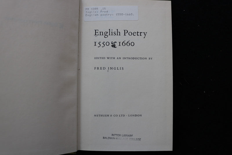 1965 ENGLISH POETRY 1550-1660 HARDCOVER BOOK BY FRED INGLIS - KD 9788