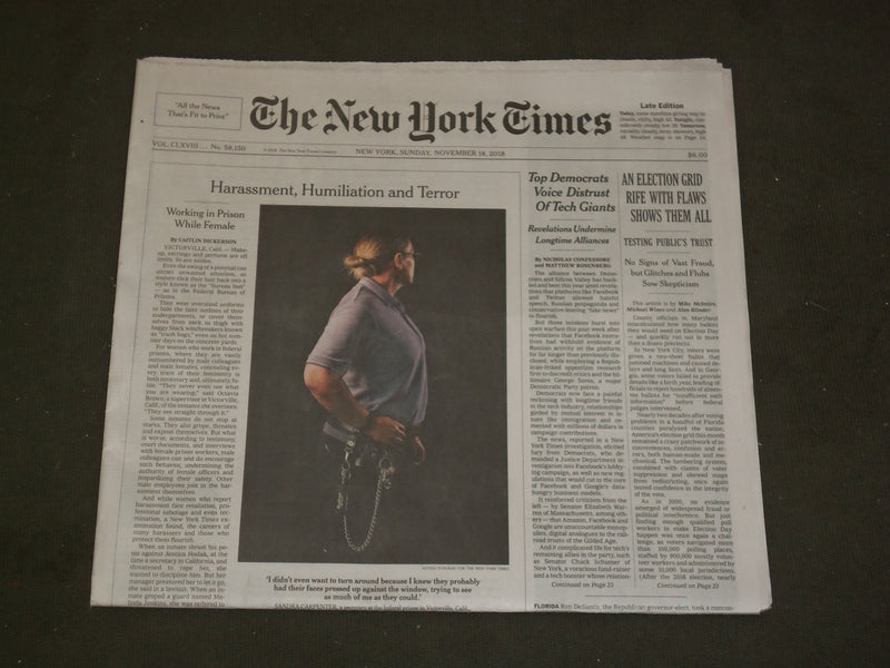 2018 NOVEMBER 18 NEW YORK TIMES - TOP DEMOCRATS VOICE DISTRUST OF TECH GIANTS