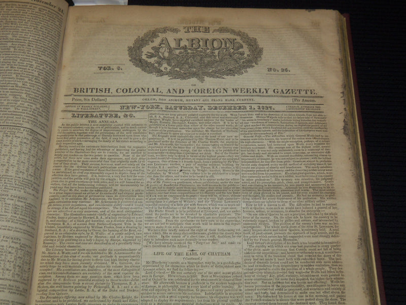 1827-1828 THE ALBION WEEKLY GAZETTE BOUND VOLUME NO. 6 - NEW YORK - R 89Y