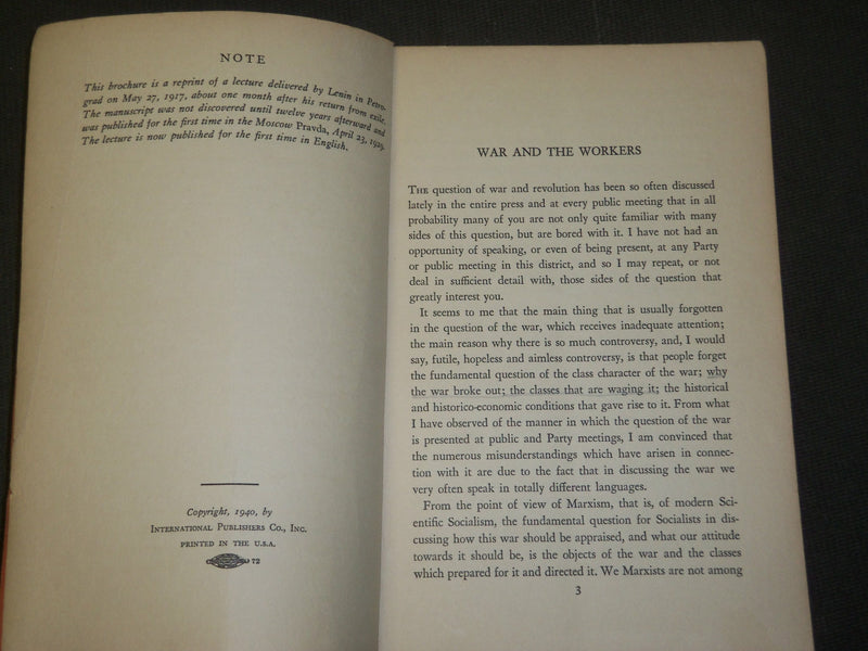 1940 WAR AND THE WORKERS BOOK BY V. I. LENIN - VOLUME 24 - LITTLE LENIN - J 3618