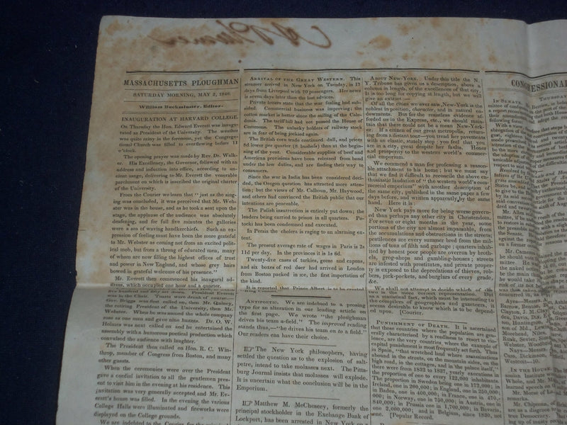 1846 MAY 2 MASSACHUSETTS PLOUGHMAN - EVERETT INAUGURATED AT HARVARD - NP 5123