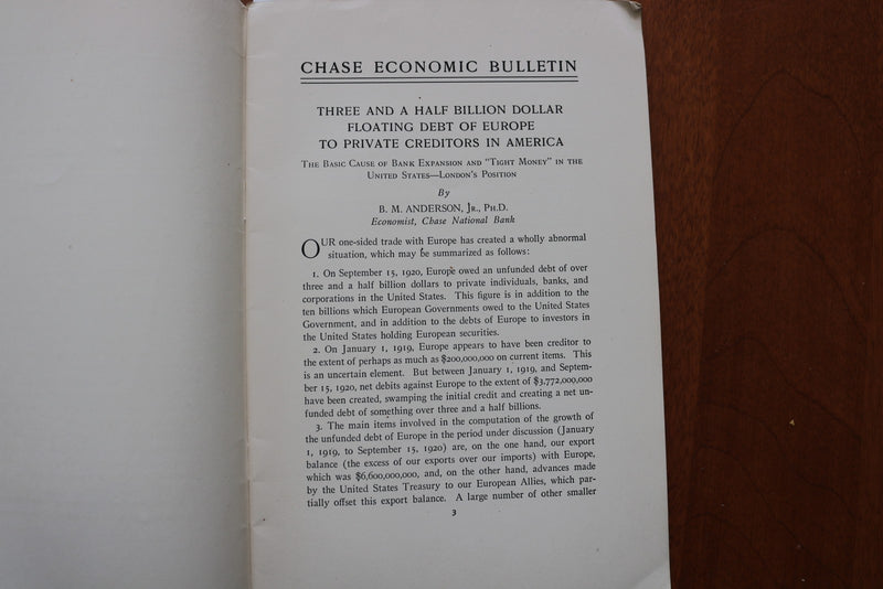 1920 OCTOBER 5 THE CHASE ECONOMIC BULLETIN - VOL 1, NO 1- SOFTCOVER BOOK- K 3183