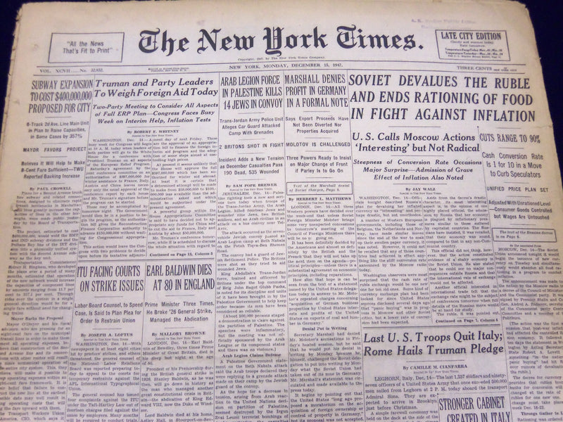 1947 DECEMBER 15 NEW YORK TIMES - SOVIET DEVALUES THE RUBLE - NT 80