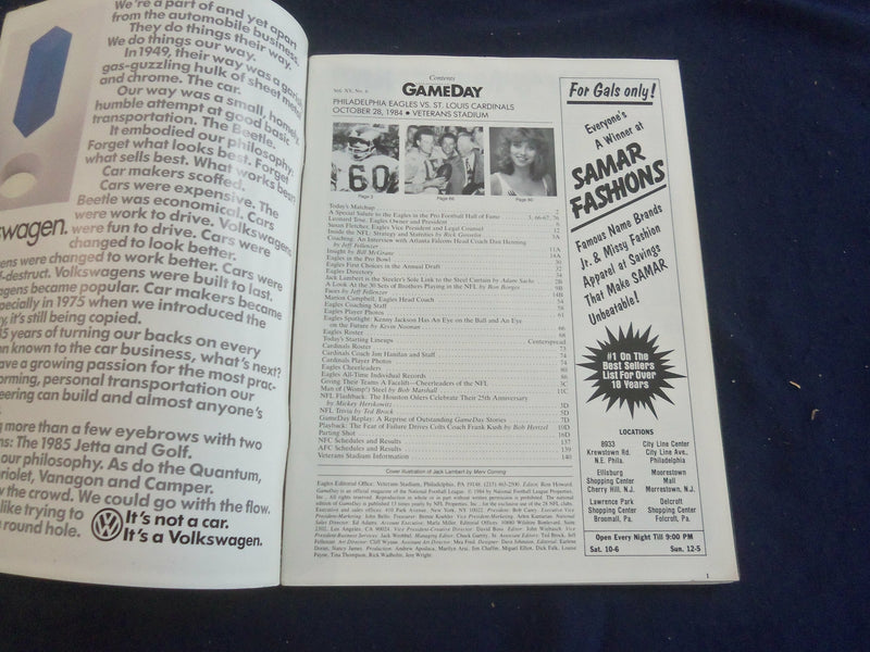 1984 OCT 28 GAMEDAY MAGAZINE- PHILADELPHIA EAGLES VS ST. LOUIS CARDINALS- F 250J