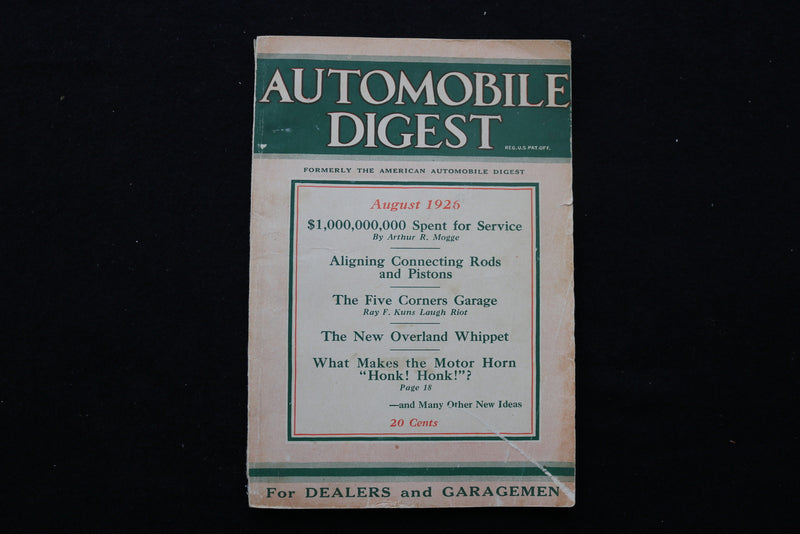 1926 AUG AUTOMOBILE DIGEST MAGAZINE - FOR DEALERS AND GARAGEMEN COVER - SP 4183R