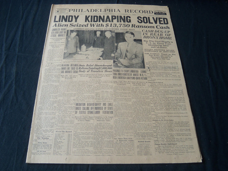 1934 SEPT 21 PHIADELPHIA RECORD NEWSPAPER - LINDY KIDNAPING SOLVED - NT 7260