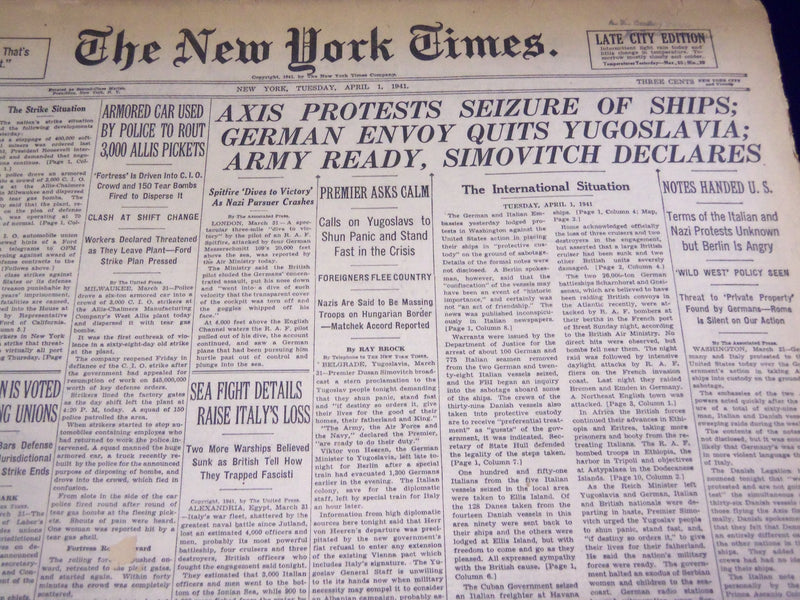 1941 APRIL 1 NEW YORK TIMES - AXIS PROTESTS SEIZURE OF SHIPS - NT 1358