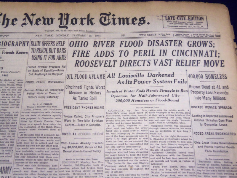 1937 JAN 25 NEW YORK TIMES - OHIO RIVER FLOOD DISASTER GROWS - NT 429