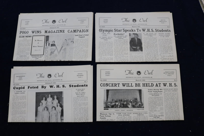 1949-1954 THE OWL NEWSPAPER - WESTMINSTER (MD) HIGH SCHOOL - LOT OF 48 - NP 8905