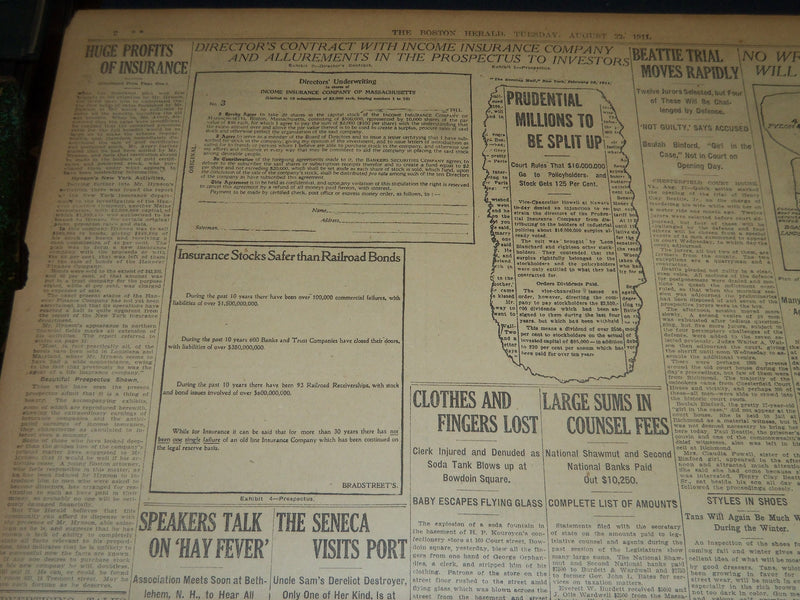 1911 AUGUST 22 THE BOSTON HERALD - HUGE PROFITS IN NEW KIND OF INSURANCE- BH 311