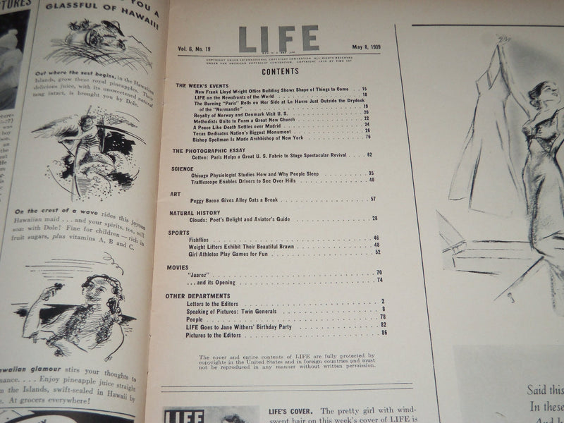 1939 MAY 8 LIFE MAGAZINE - COTTONS IN FASHION COVER - L 129