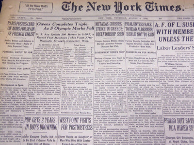 1935 AUG 6 NEW YORK TIMES - OWENS COMPLETES TRIPLE, 5 MARKS FALL - NT 1931