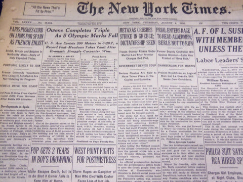 1935 AUG 6 NEW YORK TIMES - OWENS COMPLETES TRIPLE, 5 MARKS FALL - NT 1931