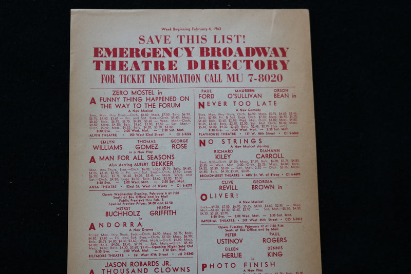 1963 EMERGENCY BROADWAY THEATERE DIRECTORY LISTING - K 2230