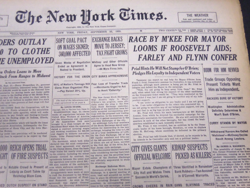 1933 SEPTEMBER 22 NEW YORK TIMES - RACE BY M'KEE FOR MAYOR LOOMS - NT 5183