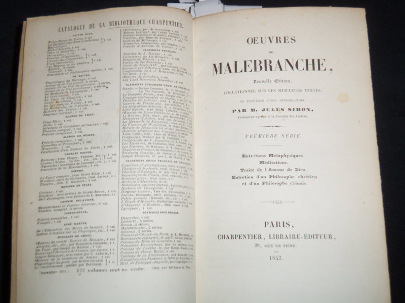 1842 OEUVRES DE MALEBRANCHE VOLUME BY JULES SIMON - FRENCH - KD 4815B